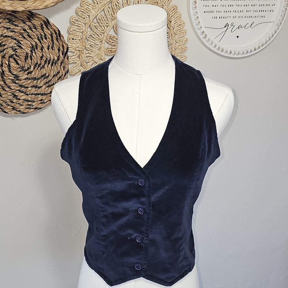 Vintage College Town Navy Blue Velvet Vest Womens 7/8 Academia Preppy Holidays